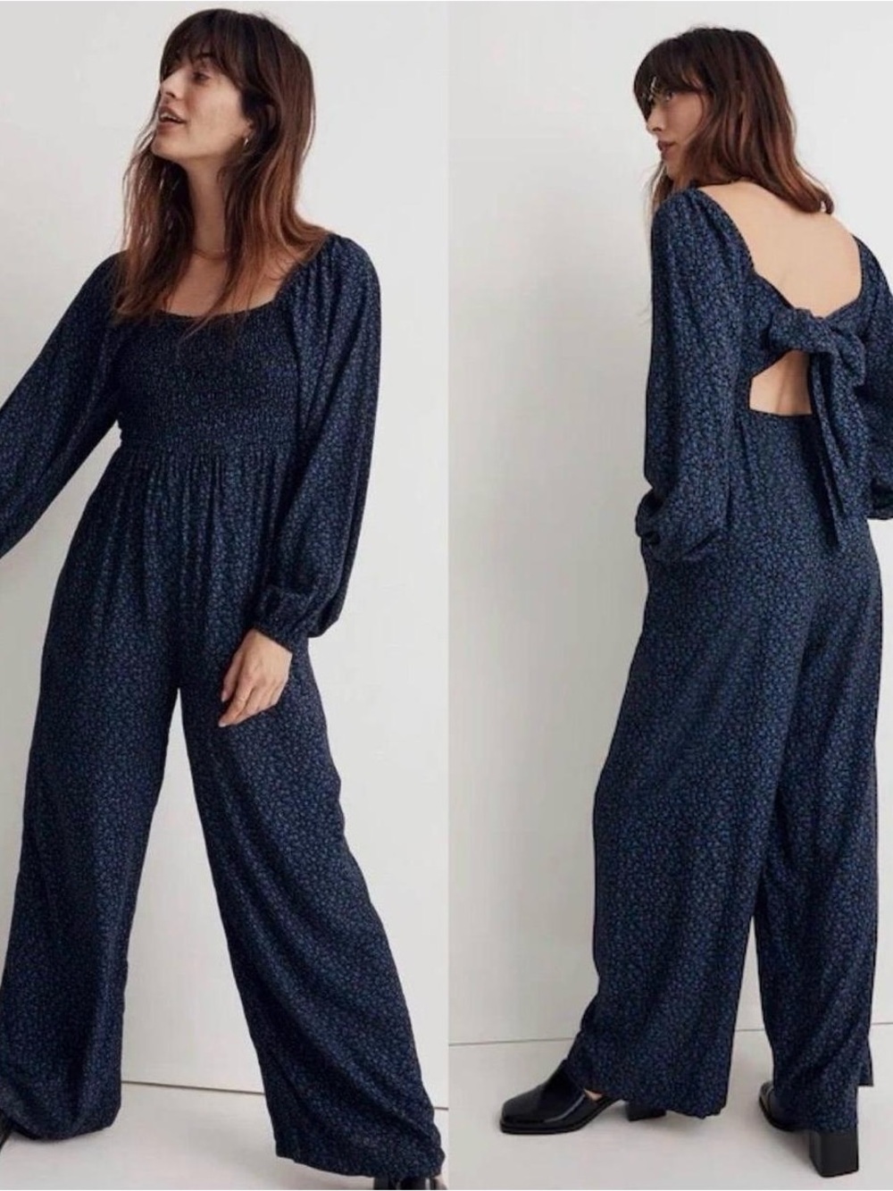 Madewell Navy Blue Floral Smocked- Open Back Jumpsuit